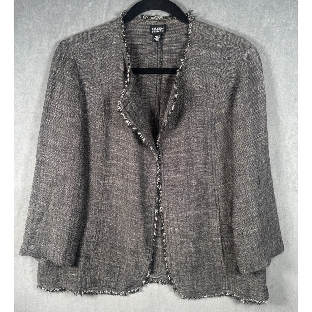Eileen Fisher XS Fringe Trim Jacket Charcoal‎ Gray Linen Blend Open Front USA